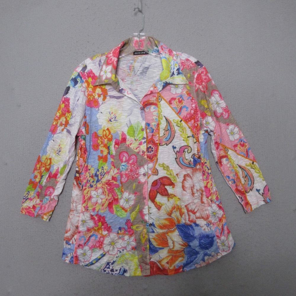 David Cline Top Floral Colorful Boho Artsy Crinkle Button Up Vibrant Statement